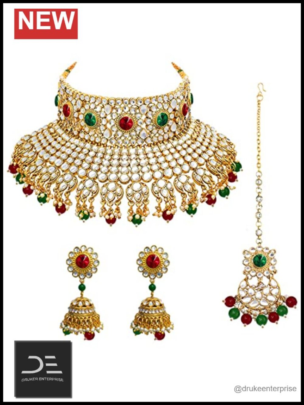 Indian Kundan Pearl Bridal Bridesmaid Jewelry Set Necklace Earrings Maang Tikka